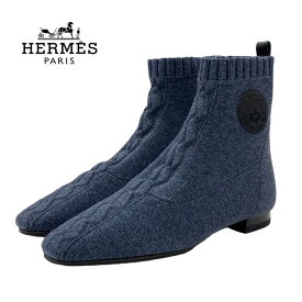 エルメス HERMES デュオ ブーツ ショートブーツ 靴 シューズ ニット レザー ブルー系 ブラック ソックスブーツ エクスリブリス ギフト プレゼント 送料無料