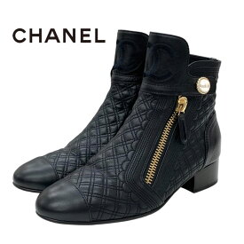 シャネル CHANEL ブーツ ショートブーツ 靴 シューズ ココマーク パール キルティング レザー ブラック 黒 ギフト プレゼント 送料無料
