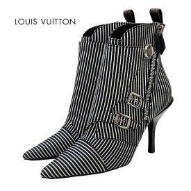 未使用 ルイヴィトン LOUIS VUITTON ジャネットライン ブーツ ショートブーツ アンクルブーツ 靴 シューズ ストライプ ベルト キャンバス ブラック ホワイト ギフト プレゼント 送料無料