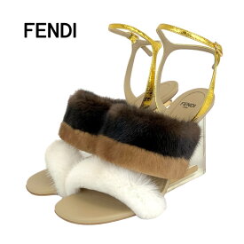 フェンディ FENDI ファースト サンダル 靴 シューズ ミンクファー レザー ブラウン系 ホワイト ゴールド 未使用 ウェッジソール