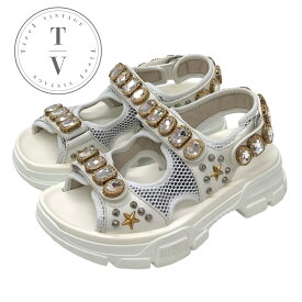 グッチ GUCCI サンダル 靴 シューズ メッシュ レザー ホワイト ゴールド シルバー 未使用 スポーツサンダル フラットサンダル ビジュー スタッズ