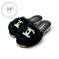 シャネル CHANEL サンダル 靴 シューズ ファー ブラック ホワイト 黒 ココマーク ミュール