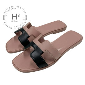 エルメス HERMES オラン サンダル 靴 シューズ レザー ピンク ブラック フラットサンダル ミュール