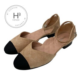 シャネル CHANEL パンプス 靴 シューズ スエード ピンクベージュ ブラック ココマーク ロゴ ストラップ フラット