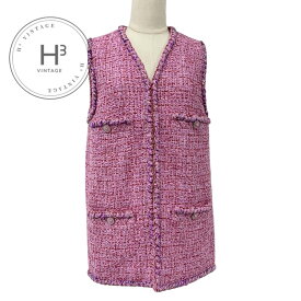シャネル CHANEL トップス コットン ピンク系 ベスト ジレ ツイード ライオンボタン