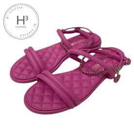 シャネル CHANEL サンダル 靴 シューズ レザー ピンク ゴールド マトラッセ ココマーク ハート チェーン ストラップ フラット