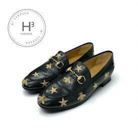 グッチ GUCCI ローファー 革靴 靴 シューズ レザー ブラック ゴールド 黒 ホースビット スター Bee 刺繍