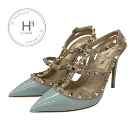 ヴァレンティノ VALENTINO パンプス 靴 シューズ パテント レザー ライトブルー ピンクベージュ ゴールド ロックスタッズ ストラップ