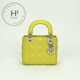 クリスチャンディオール CHRISTIAN DIOR レディディオール スモール LADY DIOR カナージュバッグ ミニ バッグ トートバッグ ショルダーバッグ ラムスキン イエロー Yellow シルバー金具