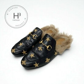 グッチ GUCCI プリンスタウン フラットシューズ 靴 シューズ レザー ファー ブラック ブラウン ゴールド ホースビット スター bee ミュール スリッパサンダル