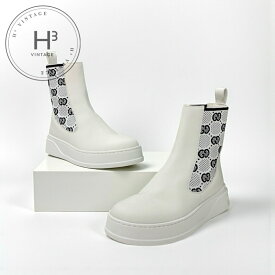 グッチ GUCCI GGスプリーム ブーツ ショートブーツ 靴 シューズ レザー ファブリック ホワイト 白 未使用 ロゴ サイドゴアブーツ