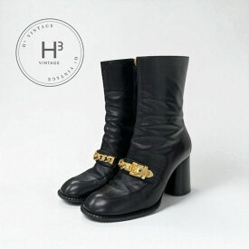 グッチ GUCCI ブーツ ショートブーツ 靴 シューズ レザー ブラック ゴールド チェーンベルト