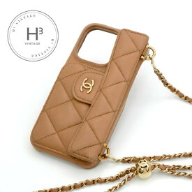 シャネル CHANEL 携帯・スマホアクセサリー ベージュ ゴールド ココマーク マトラッセ キャビアスキン iPhone14pro iPhoneケース チェーン