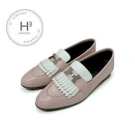 エルメス HERMES ロワイヤル ローファー 革靴 靴 シューズ レザー ピンク ホワイト シルバー H金具 フリンジ モカシン フラットシューズ
