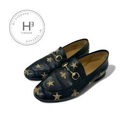 グッチ GUCCI ローファー 革靴 靴 シューズ レザー ブラック ゴールド ホースビット スター Bee 刺繍 フラットシューズ