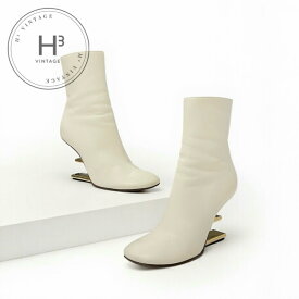 フェンディ FENDI ファースト ブーツ ショートブーツ 靴 シューズ レザー アイボリー ゴールド メタルヒール FFロゴ