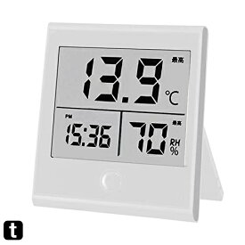 オーム電機 時計付温湿度計 白 TEM-210-W