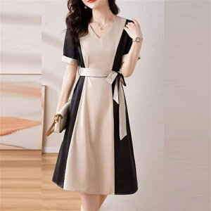 ワンピース 無地 ロングドレス ドレス 衣装 パーティドレス ベルティングドレス ロング ひざ丈 半袖 Vネック Aライン フレア リボン 薄手生地 エレガント 可愛い きれいめ シンプル カジュア