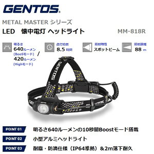 【RSL】GENTOS/ジェントス LED 小型アルミ ヘッドライト 懐中電灯 /METAL MASTER シリーズ 【明るさ 420-25ルーメン(Boostモード時640ルーメン)/実用点灯8.5-45時間/専用充電池・USB充電式】|10秒間Boostモ