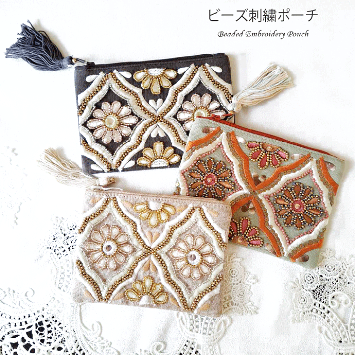 楽天市場】【送料無料】刺繍ポーチ ビーズ刺繍ミニフラットポーチ（3