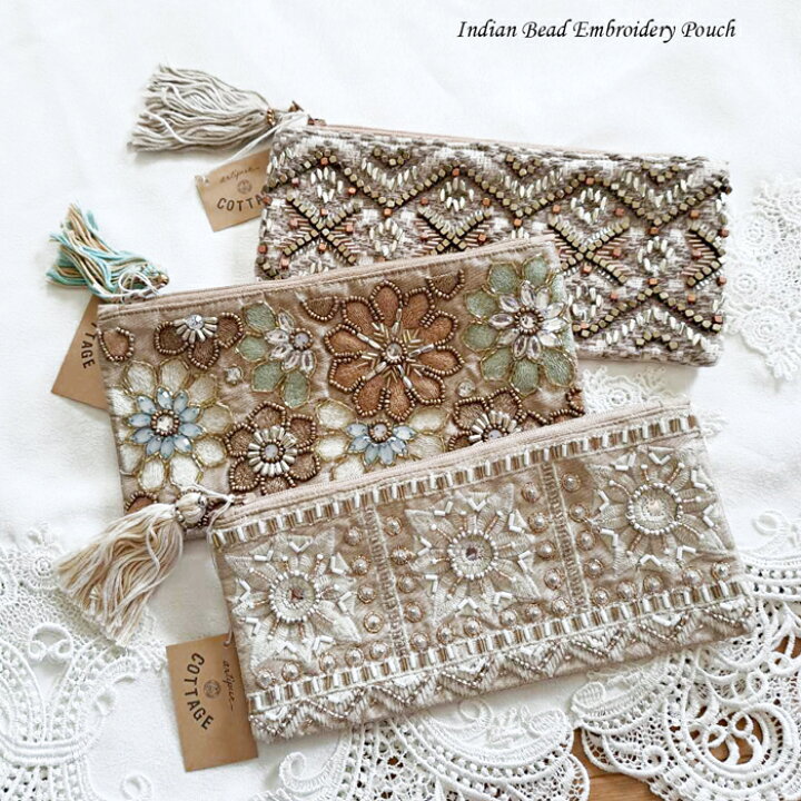 楽天市場】【送料無料】ハンドメイドビーズインド刺繍 ポーチ横長  