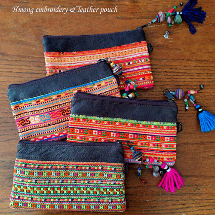 こ　ポーチ　民族 楽天市場】【送料無料】モン族 ポーチ レザー モン族伝統の刺繍ポーチ