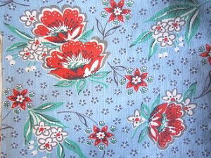 フィードサック ブルー地赤いお花 (1/4サイズ)