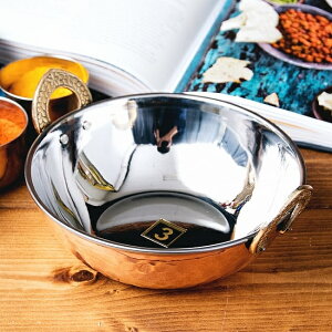 槌目銅装飾仕上げのステンレスカダイ 装飾持ち手付 サービングパン 食器 お皿〔約17.8cm 約900ml〕 / インド 鍋 インド料理 エスニック料理 カレー 調理器具 アジアン食品 エスニック食材 食材