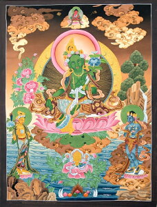 【送料無料】 〔一点物〕タンカ グリーンターラー 61.5x46cm / 仏画 マンダラ チベット 曼荼羅 手描き 曼陀羅 インド 本 印刷物 ステッカー ポストカード ポスター