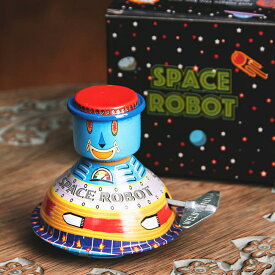 ゼンマイ式 クルクル動き回るスペースロボット インドのレトロなブリキのおもちゃ / ぜんまい式玩具 ブリキ玩具 ティントイ オモチャ 昭和 インドやアジア 世界のおもちゃ エスニック 雑貨