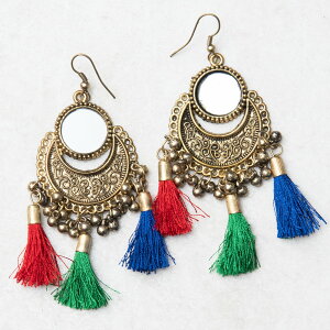ラウンドミラーとタッセルのピアス / インド チェーン カラフル ゴージャス 揺れる ハンドメイド エスニック アジア アクセサリー アンクレット リング ビンディー