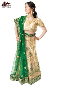 【送料無料】 【1点物】インドのレヘンガドレスセット ホワイト×グリーン / パーティードレス コスプレ ウェディングドレス 民族衣装 TIRAKITA(ティラキタ) インドのドレス サリー レディース