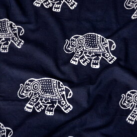 〔1m単位切り売り〕伝統の木版染め シンプルでかわいい動物デザイン布 象さん ブラック系〔幅約107cm〕 / 商用利用可 エレファント アニマル 量り売り布 アジア布 手芸 裁縫 コットン布 インド アジアン ファブリック エスニック