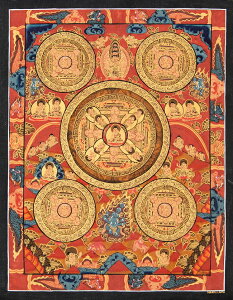 【送料無料】 〔一点物〕タンカ 五仏曼荼羅 31cm x 39cm / 仏画 Thanka マンダラ 手描きのタンカ チベット仏教 曼陀羅 インド 本 印刷物 ステッカー ポストカード ポスター【レビューで1000円クー