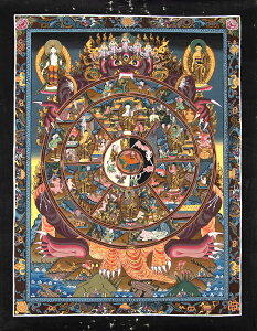 【送料無料】 〔一点物〕タンカ Wheel of existance 六道輪廻図 36cm 45cm / 仏画 Thanka マンダラ 曼荼羅 手描きのタンカ チベット仏教 曼陀羅 インド 本 印刷物 ステッカー ポストカード ポスター【レ