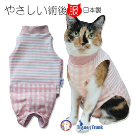 【土日祝日発送】猫用術後服　チェック＆ボーダー　ピンク　【介護服 術後服 保護服 術後 術後着 キャットウェア 手術後服 術後ウェア 猫服 開腹手術 乳腺腫瘍 皮膚 避妊 避妊手術】