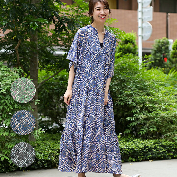 楽天市場 50 Off Sale ロングワンピース ティアードワンピース レディース 春 夏 ロング丈 スキッパー 半端袖 五分袖 総柄 ボタン 薄手 ギャザー タック 大人 カジュアル グリーン ブルー ブラック エスニック チチカカ Titicaca フラワーキカモチーフ