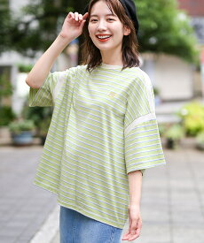 【30％OFF★セール】 Tシャツ ティーシャツ トップス カットソー プルオーバー レディース 春 夏 ボーダー 半袖 五分袖 ドロップショルダー クルーネック ビッグTシャツ オーバーサイズ カラフル エスニック チチカカ TITICACA ／ マルチボーダーTシャツ lwjba012