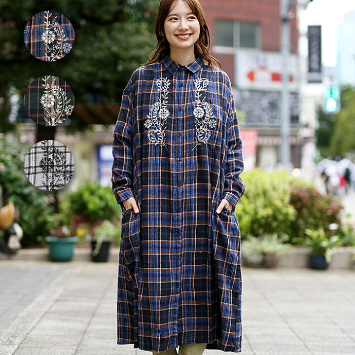 楽天市場 シャツワンピース ロングワンピース レディース 秋 冬 長袖 ロング丈 Aライン タータンチェック 刺繍 刺しゅう 花柄 フラワー柄 綿100 コットン Lw エスニック チチカカ Titicaca Shanti Shanti タータンチェックシャツワンピース Web限定