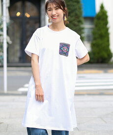 【10％OFF★SALE】 リメイク刺繍ワンピース ／ Tシャツワンピース レディース 春 夏 半袖 ひざ丈 クルーネック 綿100％ コットン カットソー 刺繍 刺しゅう ナバホ 幾何学 柄 胸ポケット バックスタイル Aライン カジュアル ブラック ホワイト エスニック チチカカ TITICACA