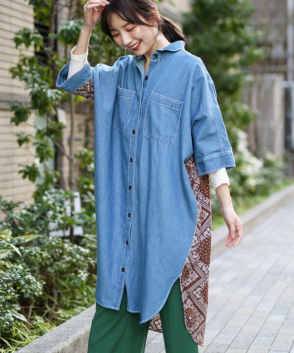 楽天市場】バンダナ柄ドッキングシャツワンピース ／ ロングシャツ 