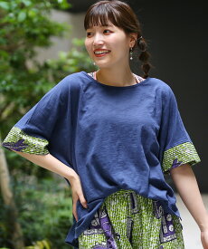 Shanti Shanti アフリカンカットソーTシャツ【WEB限定】 ／トップス カットソー プルオーバー レディース 春 夏 袖 柄 ボートネック 半袖 軽やか 綿100％ ターコイズ マスタード オレンジ ライトグリーン カジュアル ブルー ブラック ms エスニック チチカカ TITICACA