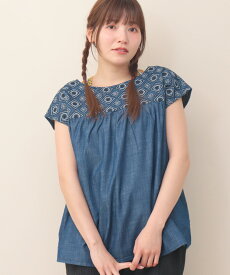 PORINA 2WAYデニム刺繍プルオーバー【WEB限定】 ／ 前後2way デニムブラウス トップス レディース 春 夏 半袖 フレンチスリーブ Vネック ボートネック 刺繍 タイル風 幾何学柄 フラワー インディゴ ガーリー フェミニン 大人カジュアル ns エスニック チチカカ TITICACA