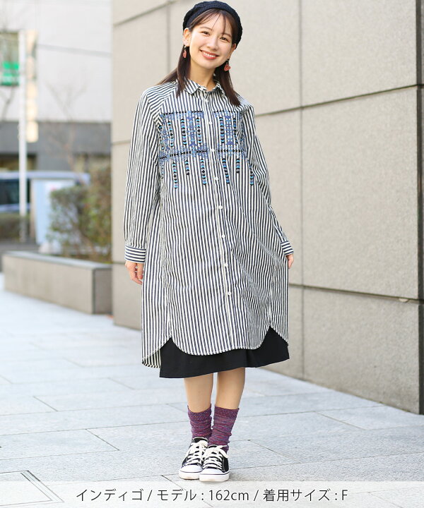 楽天市場】インディゴストライプ刺繍ワンピース ／ シャツ調ワンピース 