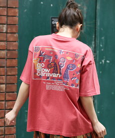 go slow caravan USAコットンスクエアバックプリントTシャツ【WEB限定】 ／ トップス カットソー レディース 男女兼用 ユニセックス 春 夏 半袖 クルーネック バックプリント ホワイト ブラック オーバーサイズ 綿100％ M L ns エスニック チチカカ TITICACA