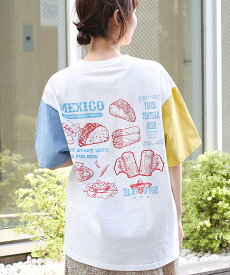 USAコットンメキシコフードプリントTシャツ ／ カットソー 男女兼用 半袖 メキシコ料理 メキシカン タコス ブリトー ナチョス メニュー ユニセックス トップス プルオーバー オーバーサイズ ゆったり ブラック ホワイト クレイジー エスニック チチカカ TITICACA