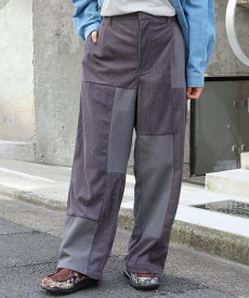 コーデュロイパッチワークパンツ ／ ストレートパンツ コーデュロイ パッチワーク ズボン ボトムス レディース メンズ 男女兼用 ユニセックス ロング丈 フルレングス ルーズ ウエストゴム 無地 シンプル 着回し ブルー グレー ストリート エスニック チチカカ TITICACA