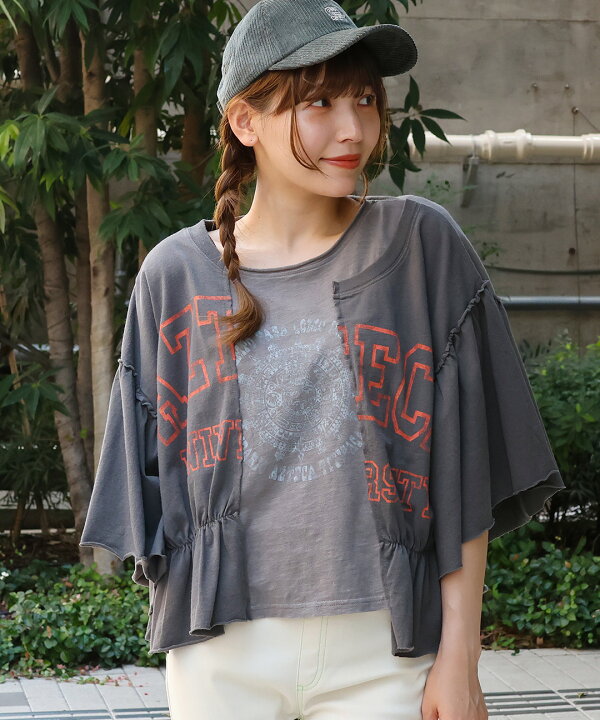 楽天市場】リメイク風ギャザースリーブTシャツ ／ リメイク風  
