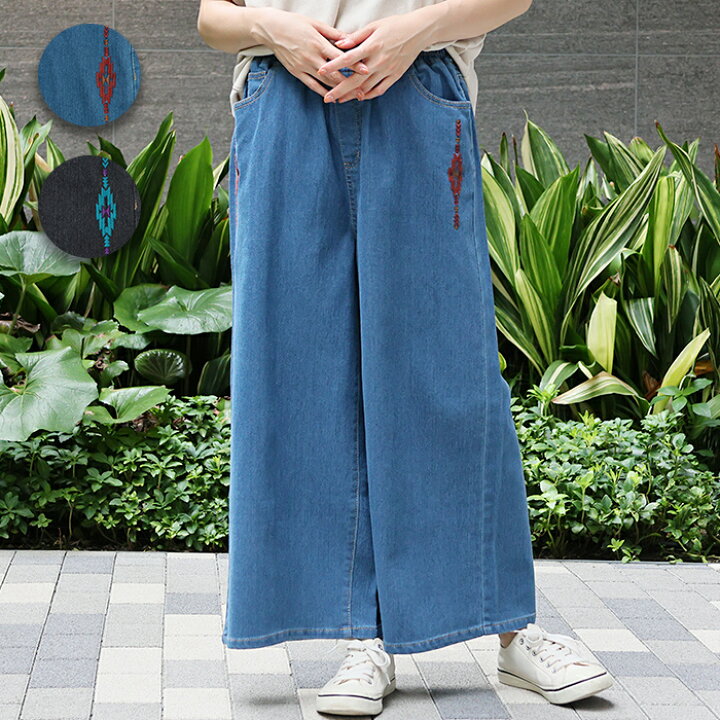 刺繍入り ステッチ ワイドバギーパンツ （極太 デニム ジーンズ パンツ 