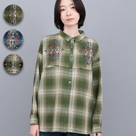 刺繍ワッフルチェックシャツ ／ ワッフル生地 幾何学刺繍 軽アウター 羽織り トップス レディース 秋 冬 長袖 ふんわり チェックシャツ オーバーサイズ 定番 カーキ ブラック ネイビー ハオリ 大人 アメカジ カジュアル エスニック チチカカ TITICACA